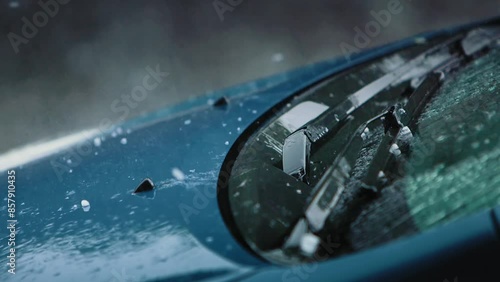 Slow motion shot of heavy rain and hailstones slamming against a car