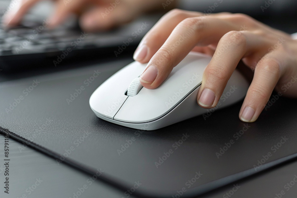Using wireless white mouse. Person works at computer and uses mouse. Close-up photo. Mouse on the mousepad
Using wireless white mouse. Person works at computer and uses mouse. Close-up photo. Mouse on the mousepad