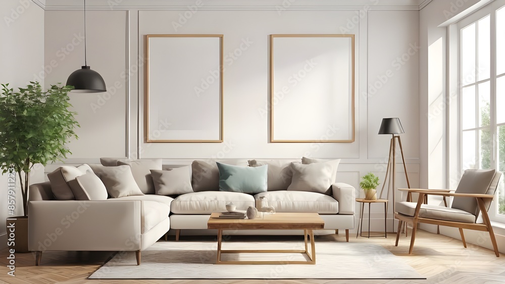 Frame mockup, ISO A paper size. Living room wall poster mockup. Interior mockup with house background. Modern interior design. 3D render Frame mockup, ISO A paper size. Living room wall poster mockup. Interior mockup with house background. Modern interior design. 3D render