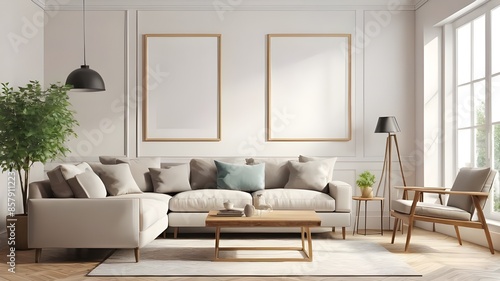 Frame mockup, ISO A paper size. Living room wall poster mockup. Interior mockup with house background. Modern interior design. 3D render