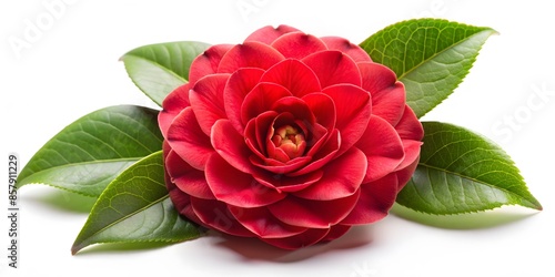 A Beautiful Red Camellia Flower With Green Leaves Isolated On A White Background.