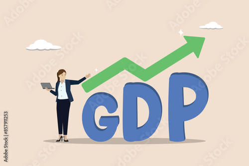 GDP Gross domestic product, import or export, annual percentage value report concept, businesswoman stand with GDP word and growing graph and chart.