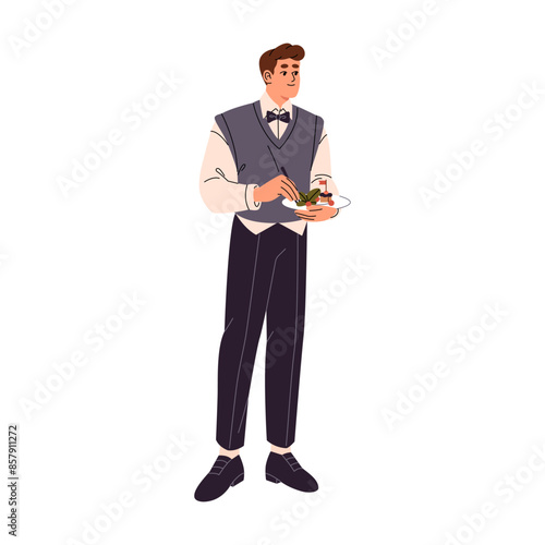 Happy young man eating at buffet reception in restaurant. Person in formal clothes holds plate with food. Character celebrates party on banquet. Flat isolated vector illustration on white background