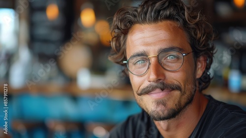 Portrait of a man with a mustache and glasses, smiling gently while seated in a cozy cafe with warm lighting, creating a friendly and inviting atmosphere.
