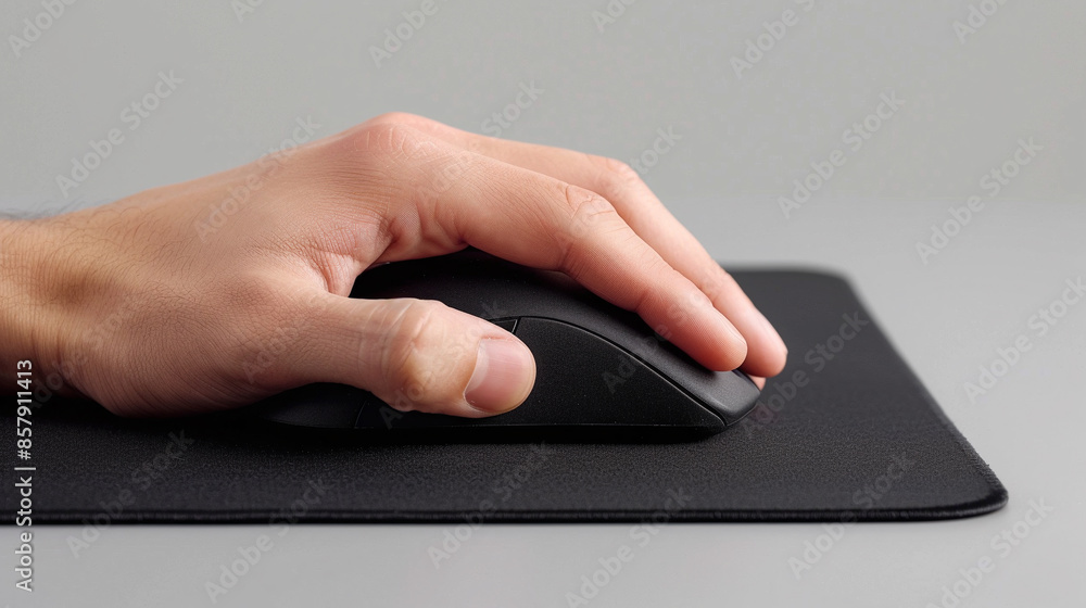 Using wireless black mouse. Person works at computer and uses mouse. Close-up photo. Mouse on the mousepad Using wireless black mouse. Person works at computer and uses mouse. Close-up photo. Mouse on the mousepad