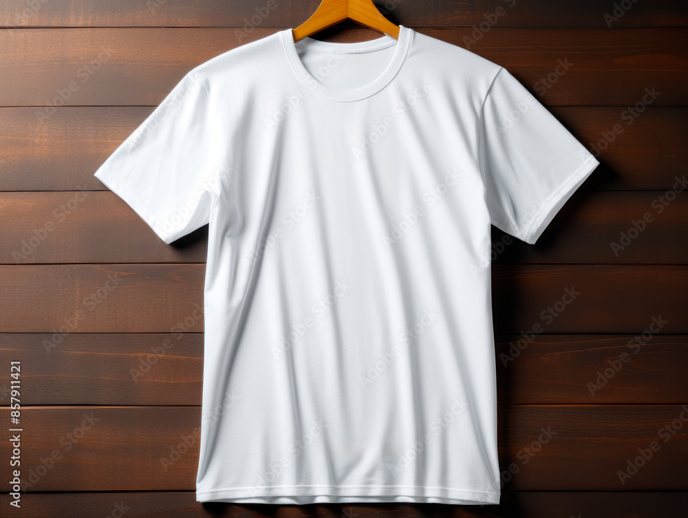 White t-shirt mockup on a wooden hanger against a dark wood background, concept of branding and identity. Generative AI White t-shirt mockup on a wooden hanger against a dark wood background, concept of branding and identity. Generative AI