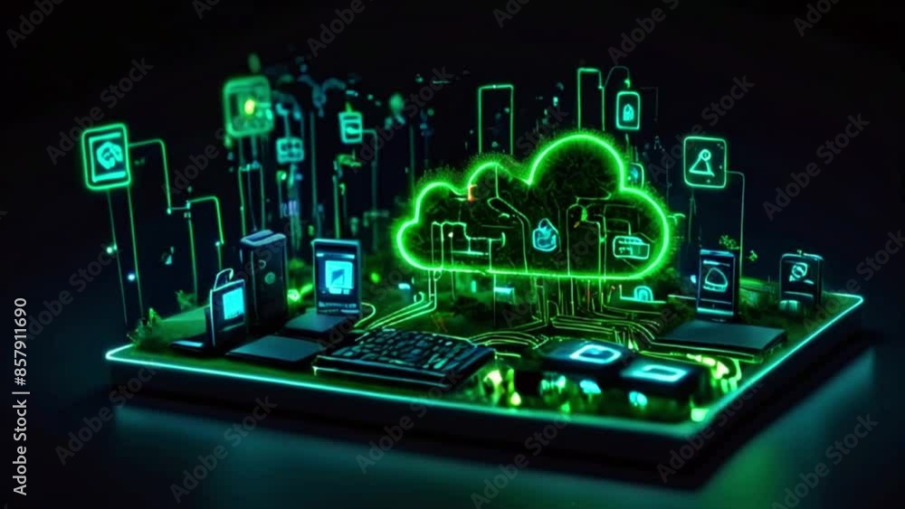 A glowing green circuit board with a cloud of green neon lines above it. A glowing green circuit board with a cloud of green neon lines above it.