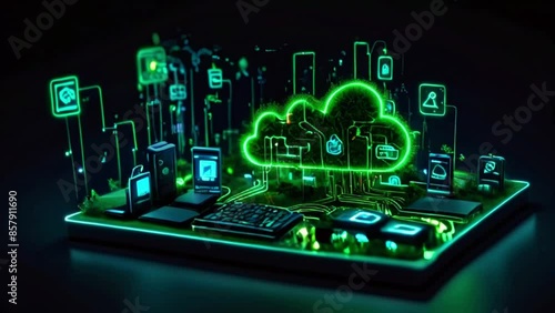 Wallpaper Mural A glowing green circuit board with a cloud of green neon lines above it. Torontodigital.ca