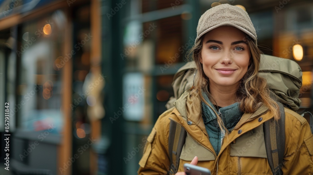 A cheerful young woman wearing a backpack and cap stands on a city street, looking at her phone, and appears ready for an adventure or exploration. A cheerful young woman wearing a backpack and cap stands on a city street, looking at her phone, and appears ready for an adventure or exploration.