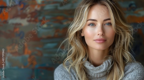A close-up portrait of a woman with blonde, wavy hair wearing a gray sweater, her serene expression and soft background creating an appealing and warm image. © svastix
