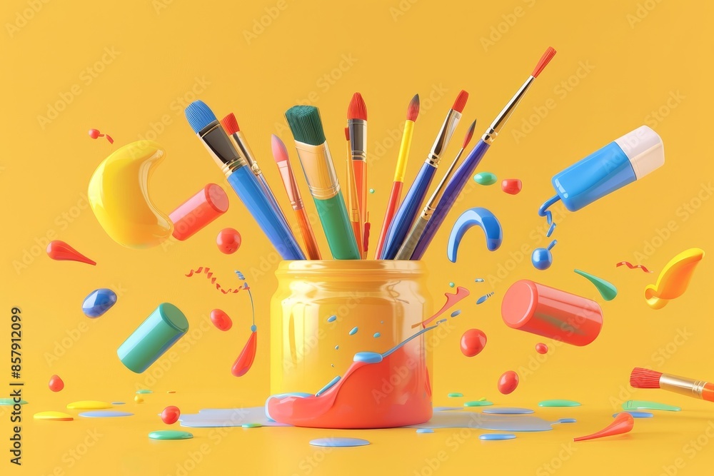Obraz premium A colorful explosion of paint brushes pencils and other art supplies Concept of creativity and art