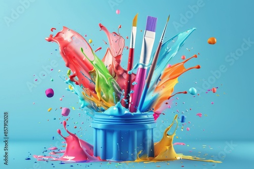 A colorful explosion of paint brushes pencils and other art supplies Concept of creativity and art