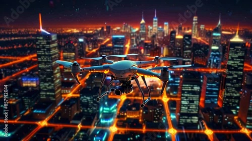 Wallpaper Mural A drone is flying over a city at night. The city is full of tall buildings and bright lights. Torontodigital.ca