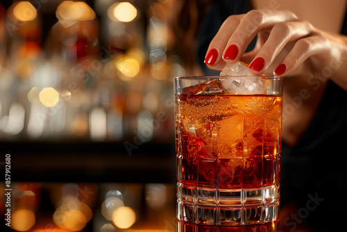 A close-up shot of a woman's hand with red nail polish adding an ice cube to a glass of whiskey in a dimly lit bar. 