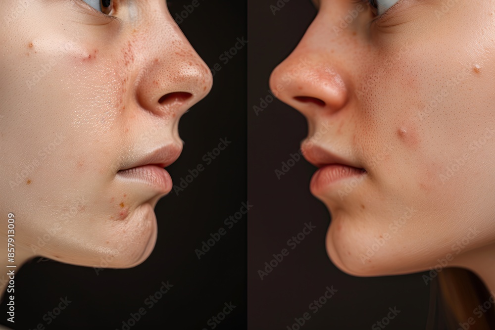 Obraz premium Closeup of a woman's face before and after using a cream for skincare. Skin treatment. No makeup. Allergy. Young girl's face skin with blemishes. Eczema. Skin care. Progress. Rash. Pimples on cheeks