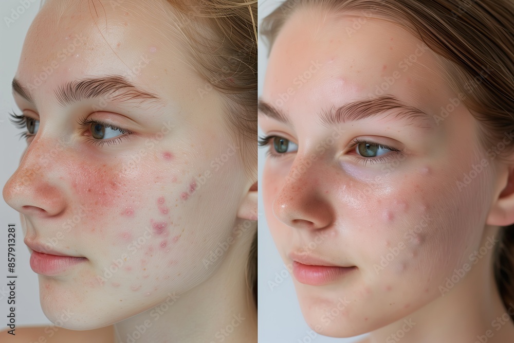 Obraz premium Closeup of a woman's face before and after using a cream for skincare. Skin treatment. No makeup. Allergy. Young girl's face skin with blemishes. Eczema. Skin care. Progress. Rash. Pimples on cheeks