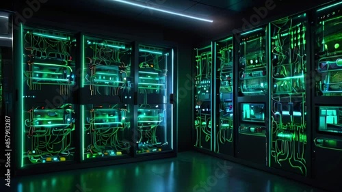 A dark room filled with tall racks of servers with bright green lights.