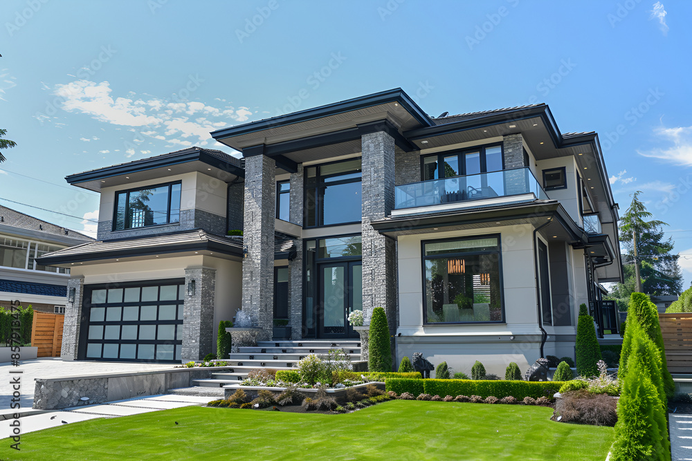 Big custom made luxury house with nicely landscaped and trimmed front yard and driveway to garage in the suburbs of Vancouver, Luxury house with beautiful landscaping
Big custom made luxury house with nicely landscaped and trimmed front yard and driveway to garage in the suburbs of Vancouver, Luxury house with beautiful landscaping