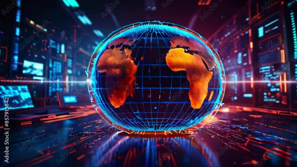 A glowing blue and orange globe of the earth made of digital code against a dark background. A glowing blue and orange globe of the earth made of digital code against a dark background.