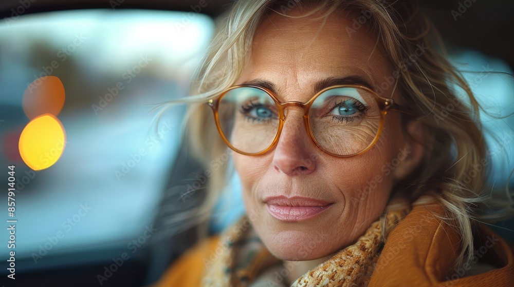 A woman with round glasses and a cozy winter outfit sits in a car, looking content and warm as she poses for a close-up shot in an ambient light setting. A woman with round glasses and a cozy winter outfit sits in a car, looking content and warm as she poses for a close-up shot in an ambient light setting.