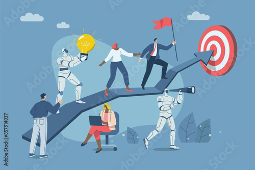 Working with artificial intelligence, Support of AI, Leadership to grow company, Motivation, Business team with robot walking on arrow graph towards business growth goal. Vector design illustration.