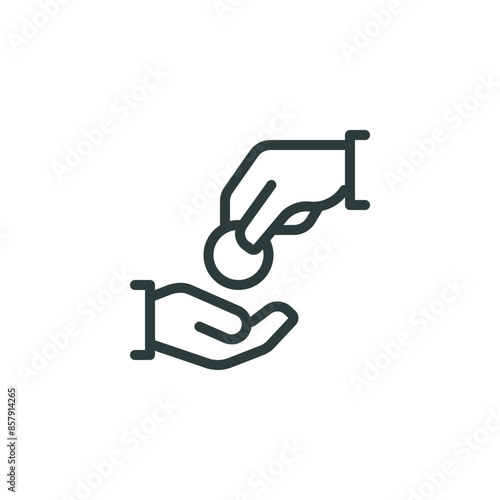 Thin Outline Icon Hand Gives a Coin to the Other Hand. Such Line Sign as Charity or Donation, Contribution and Sponsorship. Vector Isolated Pictogram on White Background Editable Stroke.