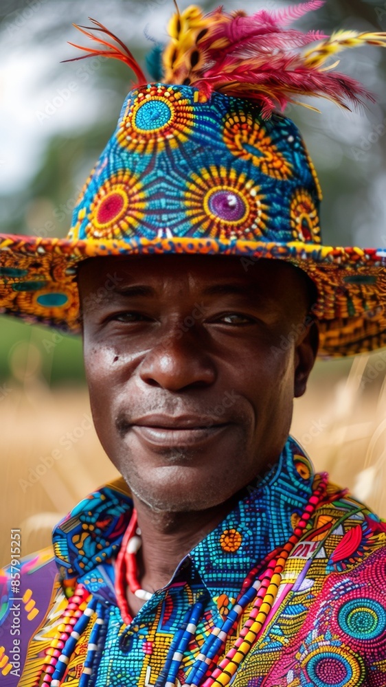 Fototapeta premium A man wearing a colorful hat and a colorful shirt