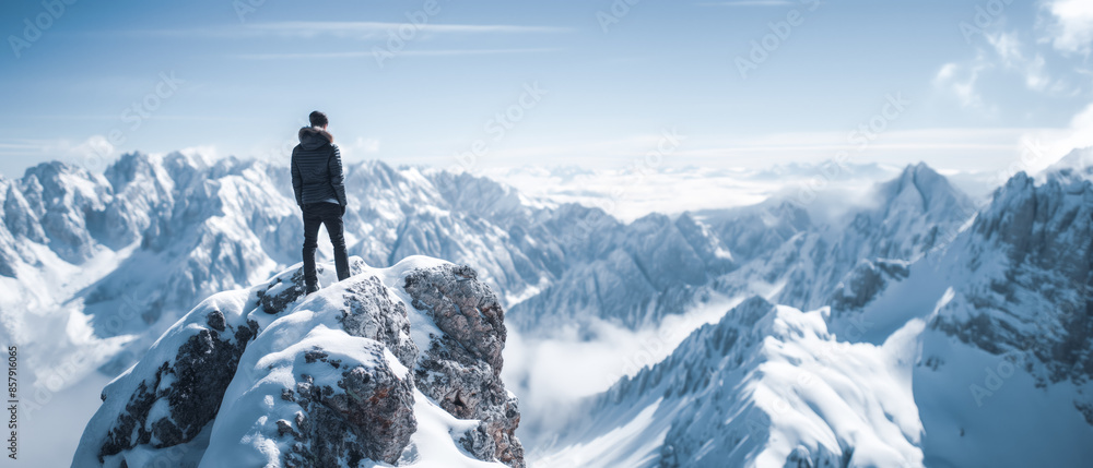 Person on a snow-covered peak with a panoramic view of mountains, light background, concept of adventure. Generative AI Person on a snow-covered peak with a panoramic view of mountains, light background, concept of adventure. Generative AI