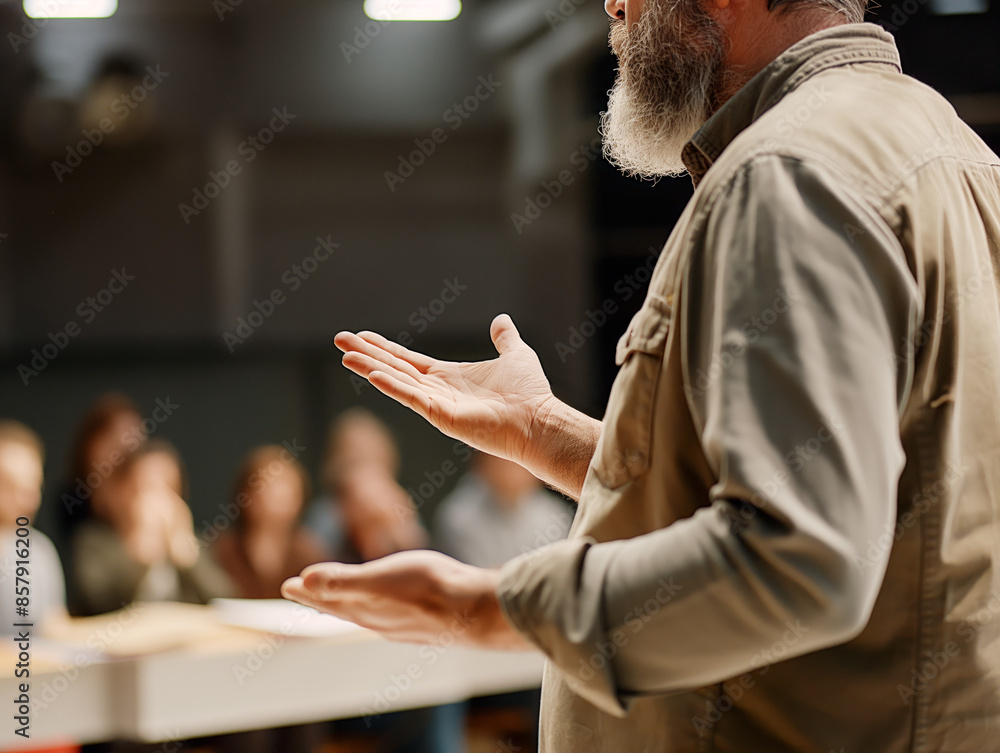 Obraz premium A bearded man giving a presentation, in soft focus, with an audience in the background, conveying the concept of leadership and education. Generative AI