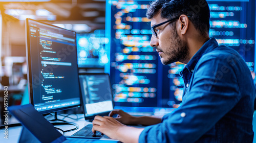 Man coding on a laptop in a server room, bokeh lights background, concept of software development. Generative AI © Who is Danny