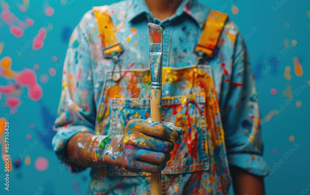 Close Up Of A Paint-Splattered Hand Holding A Paintbrush Close Up Of A Paint-Splattered Hand Holding A Paintbrush
