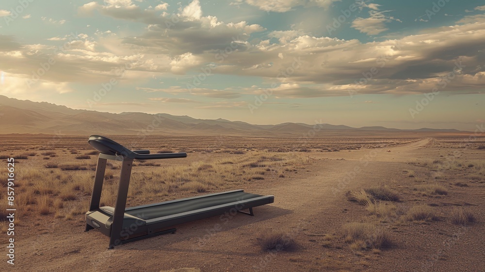 A treadmill placed alone in a vast desert landscape, surrounded by natural beauty, raw style, isolated and striking A treadmill placed alone in a vast desert landscape, surrounded by natural beauty, raw style, isolated and striking