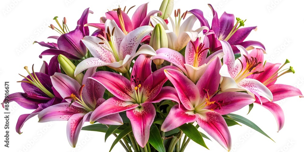 A Beautiful Bouquet Of Pink And Purple Lilies Isolated On A White Background. A Beautiful Bouquet Of Pink And Purple Lilies Isolated On A White Background.
