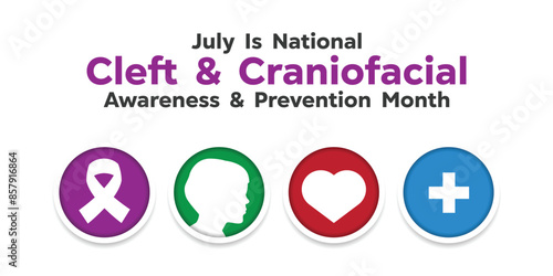 National Cleft and Craniofacial Awareness and Prevention Month. Ribbon, kid, heart and plus icon. Perfect for cards, banners, posters, social media and more. White background. 