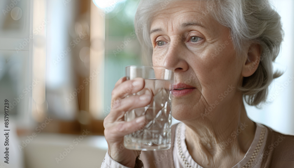 Senior woman with pill and glass of water indoors, closeup Senior woman with pill and glass of water indoors, closeup