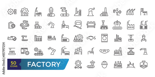 Factory icon set. Containing factory, eco factory, industrial robot, recycling plant. Collection and pack of linear web and ui icons. Editable stroke. Vector illustration