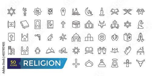 Simple Set of Religion Line Icons. Contains such Icons as Prayer Room, Temples, Divine Book and more. Collection and pack of linear web and ui icons. Editable stroke. Vector illustration