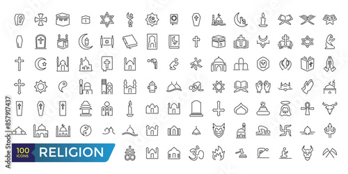 Simple Set of Religion Line Icons. Contains such Icons as Prayer Room, Temples, Divine Book and more. Collection and pack of linear web and ui icons. Editable stroke. Vector illustration