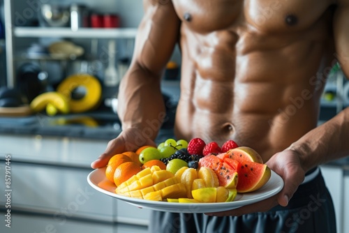 A person with a muscular physique, holding a plate with fruits. Bright, light modern kitchen. Muscular Man Presents Fruits, Fitness Lifestyle Concept. photo