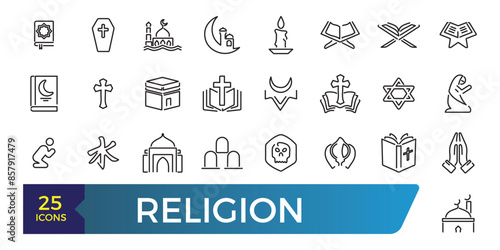 Simple Set of Religion Line Icons. Contains such Icons as Prayer Room, Temples, Divine Book and more. Collection and pack of linear web and ui icons. Editable stroke. Vector illustration
