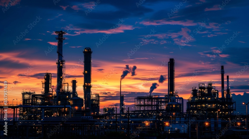 Fototapeta premium The silhouette of a sprawling industrial complex, with smokestacks and steel frameworks outlined against a twilight sky
