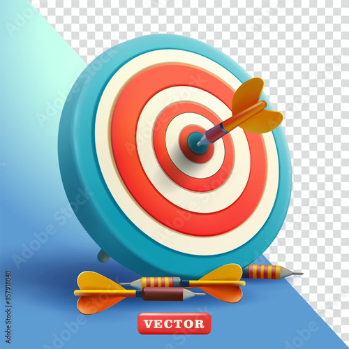 Arrow hits dart target, 3d vector. Suitable for business and element design