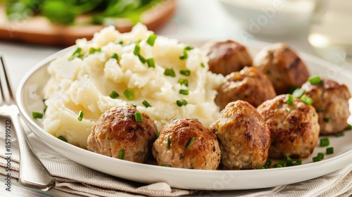 A close-up shot of a plate of homemade meatballs served on a bed of creamy mashed potatoes, garnished with fresh parsley