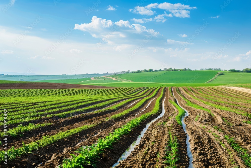 Vast agricultural fields with neatly arranged rows of crops under a clear blue sky, showcasing modern farming practices and lush greenery. Vast agricultural fields with neatly arranged rows of crops under a clear blue sky, showcasing modern farming practices and lush greenery.