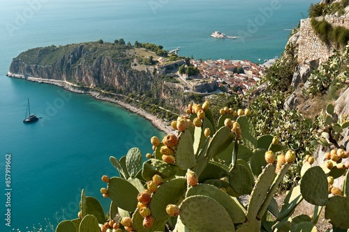 View of Nafplio town, Acronauplia and Bourtzi island from Palamidi fortress. Nafplio is situated on the Argolic Gulf in the northeastern Peloponnese. Greece. Europe. photo