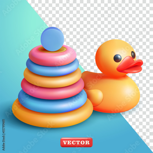 Stacking ring toy and baby rubber duck toy, 3d vector. Suitable for element design