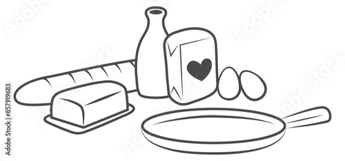 Illustration noir et blanc des ingrédients pour la recette du pain perdu,œufs,lait, sucre,baguette de pain,beurre et une poêle, dessin au trait pour recette de cuisine gourmande à colorier 