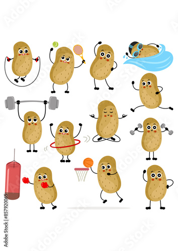 Set digital collage of funny potato character mascot making gym and sports