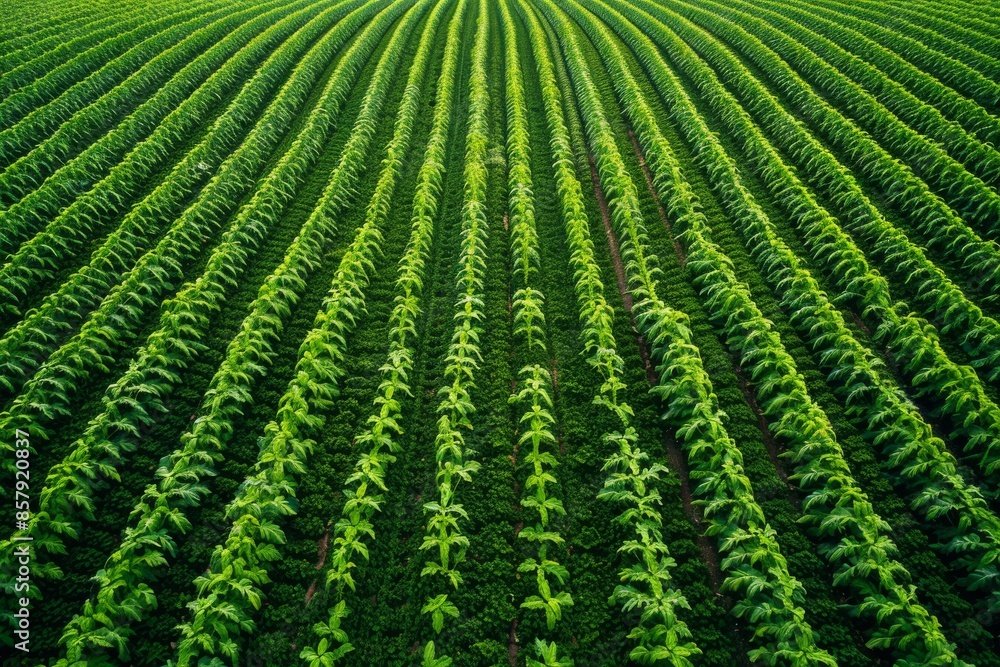 A top-down aerial view of a vibrant green agricultural field planted in perfect rows, showcasing meticulous farming practices and crop management. A top-down aerial view of a vibrant green agricultural field planted in perfect rows, showcasing meticulous farming practices and crop management.