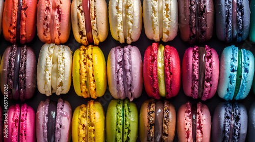 A freshly made selection of fast food vegan macaroons with vibrant colors and various flavors